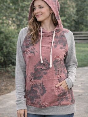 Distressed Rose Floral Hooded Pullover Sweatshirt - Women's